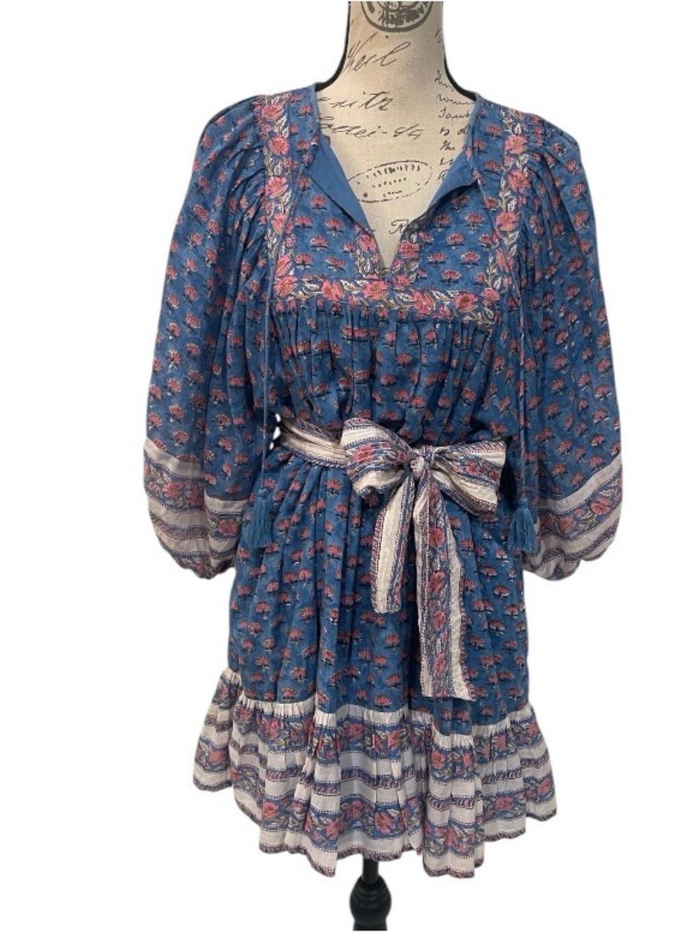 Cleobella Blue Floral Boho Cotton Mini Dress Tassel Tie XS